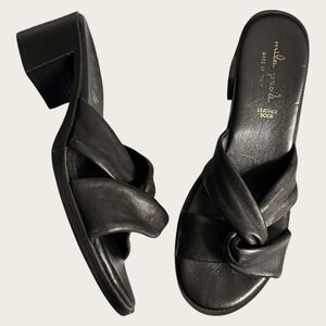 Mila Paoli Black Soft Leather Knot Block Heel Mules Sandals Italy Made Size 9